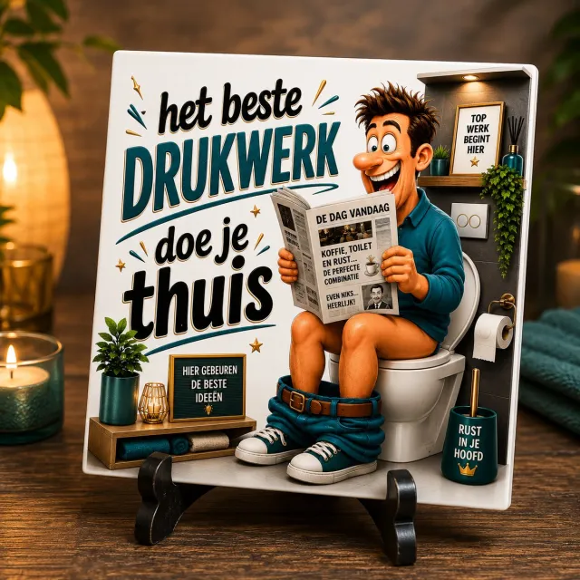 O.T.Trends Tegeltje "Het Beste Drukwerk Doe Je Thuis" – Grappig Toilettegeltje met Humor | 15x15 cm Wit