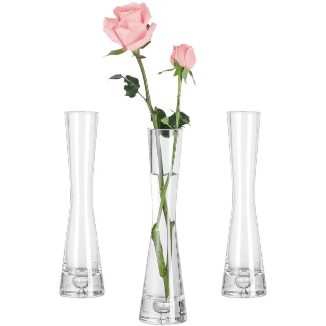 Famanu Set van 3 glazen bloemenvazen van 20 cm, heldere kristallen enkele steel vazen voor tafelpresentatie, grote dunne bloemenvazen voor bruiloft decor Zwart