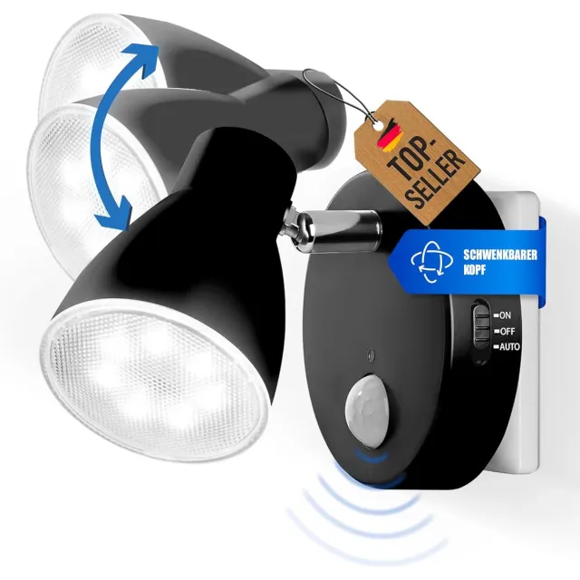 Trango 2635-015 LED-sensor nachtlampje * MILO * met bewegingssensor en automatische functie in zwart veiligheidslicht Direct 230V, socketlamp, wandlamp, oriëntatielicht, nachtlamp, socket light