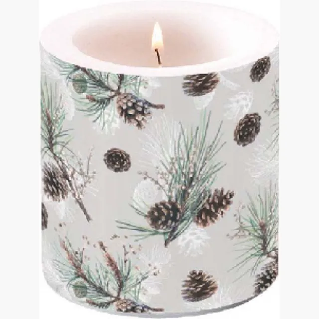Ambiente Kaars klein Pine Cone All Over- Ø 7,5 - h 9 cm- Paraffine- ± 35 uren branduren grijs