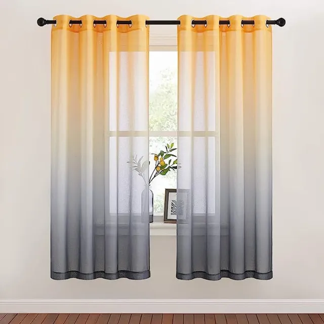 Nicetown Geel & grijs voile gordijnen met oogjes - 2 stuks H 175 x B 140 cm decoratieve gordijnen kleurverloop voile gordijn semi-transparant ooggordijn geel + grijs [Energieklasse A+]