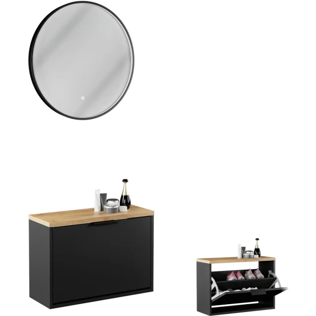 Planetmöbel STIVIO - Schoenenkast 60 cm - Zwart - 2-delig - Met ronde LED-spiegel 1 klep, Zwart