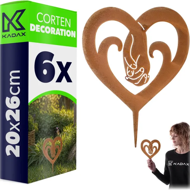 KADAX tuinplug hart van cortenstaal, 20 x 26 cm, 6 stuks, roestdecoratie voor buiten, roestvrijstalen tuindecoratie om in te pluggen, vintage tuindecoratie, metalen roestplug