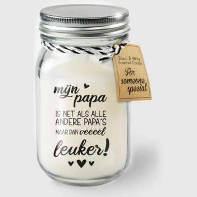 Zusenzow.com Kaars - Mijn Papa - Lichte vanille geur - In glazen pot - In cadeauverpakking met gekleurd lint zwart -wit