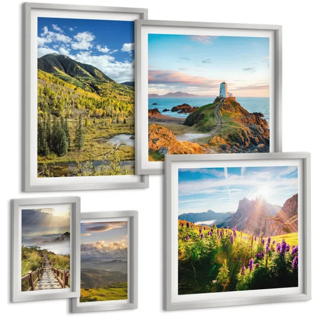 TULUP 4-Delige Schilderij Set - Berglandschappen met pittoreske uitzichten op de natuur - 50 x 50 cm, 20 x 30 cm en 40 x 60 cm - Stijlvolle Muurdecoratie - Kantoor Zilveren lijst