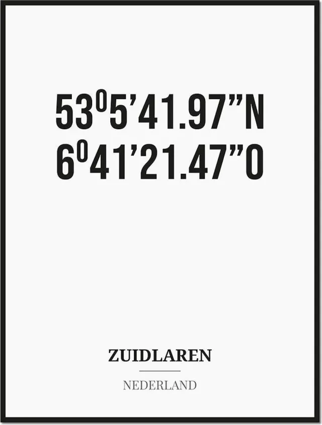 Studio216 Poster/kaart ZUIDLAREN met coördinaten zwart, wit