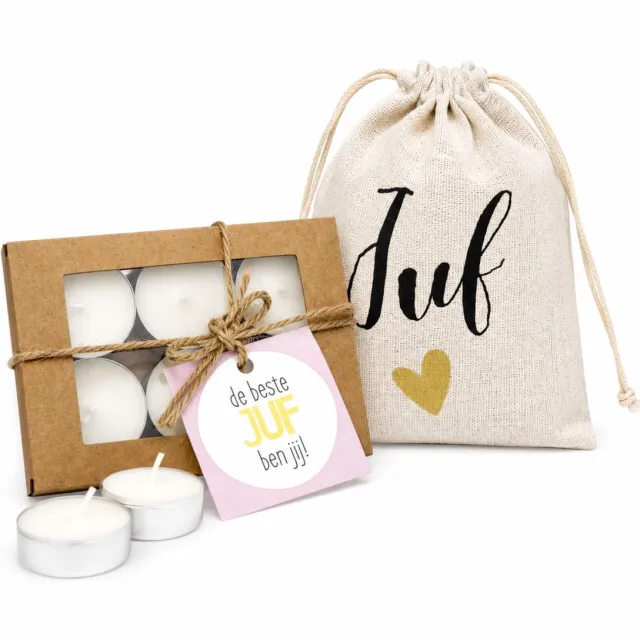 Memories Are Timeless Juf Cadeautje - Stoffen zakje Juf - Kraft doosje met waxinelichtjes - De beste juf dat ben jij - Juffendag - Afscheid Basisschool - Juffrouw kado