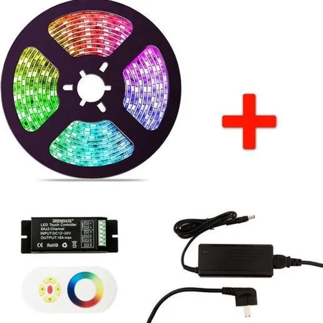 Groenovatie RGB LED Strip Set - 5 Meter - 14.4 Watt/meter - Waterdicht IP65 - Met Adapter & Touch Afstandsbediening Zwart