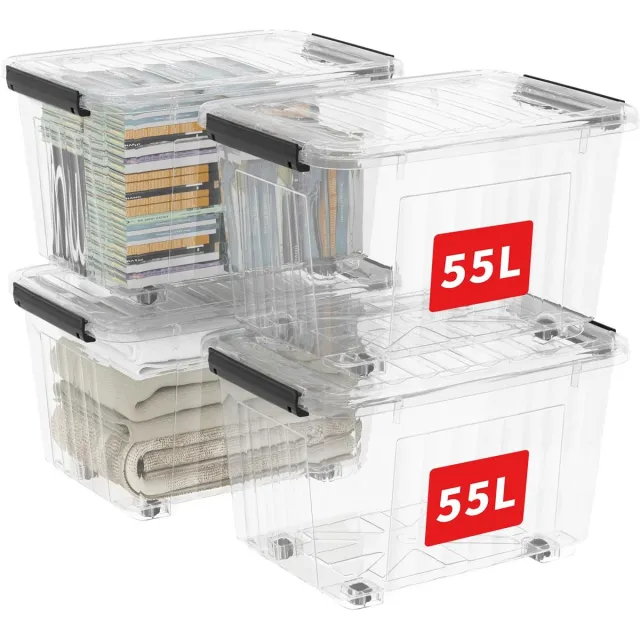 Famanu Plastic opbergdozen met wielen, set van 4 stuks, 55L per doos, met deksel en veilige zijvergrendelingen, stapelbaar en doorzichtig Wit