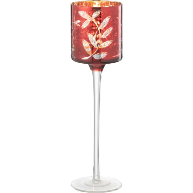 J-Line theelichthouder Op Voet Blaadjes - glas - rood/goud - small