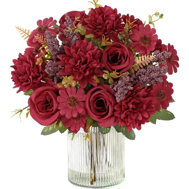 KCVV kunstbloemen herfst-kunstbloemen-kunstbloemen boeket-Een set van 3 kunstmatige herfstbloemen - vaas niet inbegrepen - boeket rozen met madeliefjes - perfect voor herfstdecoraties, bruiloften, Thanksgiving-decoraties - rood - 33 cm