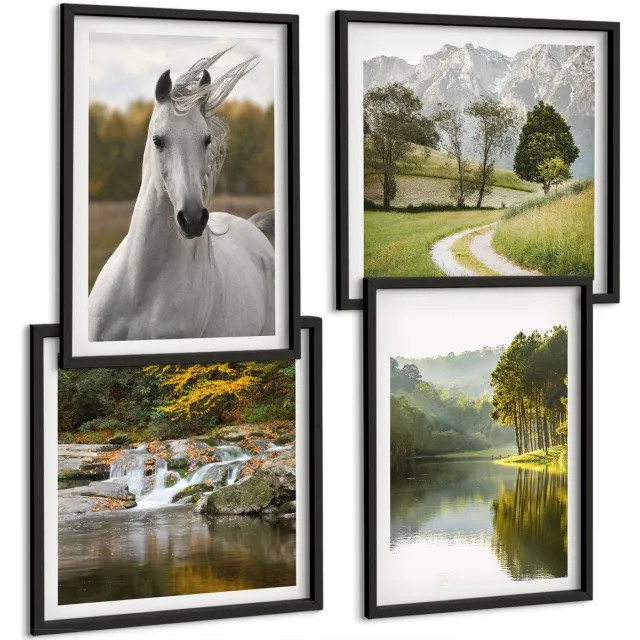 TULUP 4-Delige Schilderij Set - Witte paarden aan de rivier - Natuurlandschap - 40 x 40 cm en 40 x 60 cm - Schilderijen Set - Wanddecoratie - Woonkamer - Woonkamer Decoratie Zwarte lijst