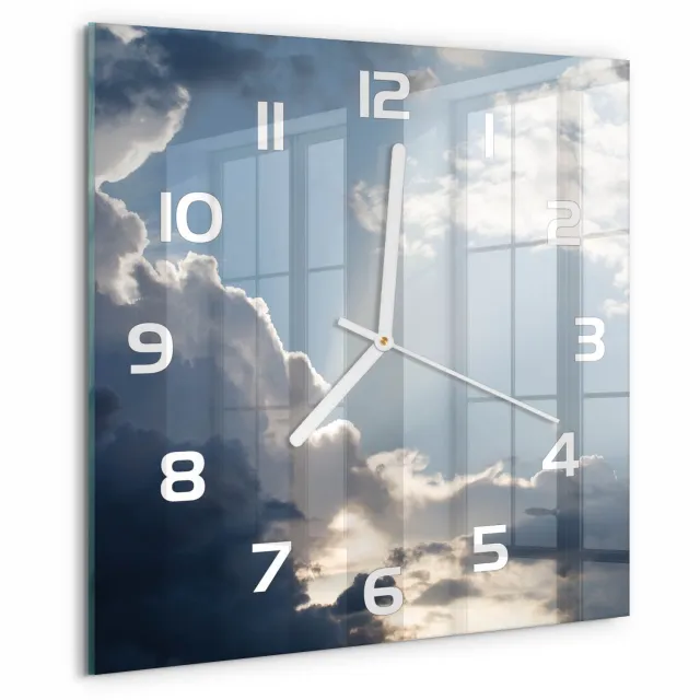 TULUP Wandklok - Wolken aan de hemel Glazen Klok Met Print - 30x30 cm - Blauw Wandklok Glas Met Motief - Witte handen - Vierkante Klok - Wandklok Glas Decoratie - Gekleurde Glazen Klok