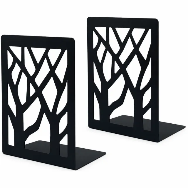 SWGOTA Zwarte metalen boekensteunen met boomdesign, set van 2 voor bureau en boekenplank