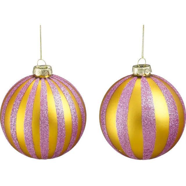 Mica Decorations Kerstballen glas streep goud lila - 2 stuks (ø10 cm) Lila, Goud