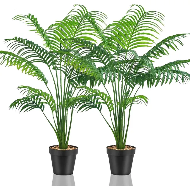 Famanu Set van 2 kunstmatige nepplanten, decoratieve grote kunstplanten in kunstmatige palmboom stijl voor binnen en buiten (2 potten gele palm Zwart