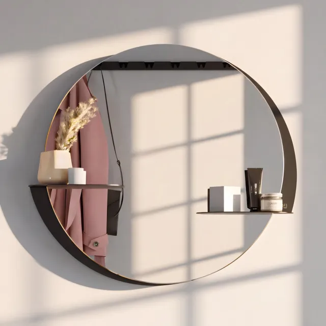 Indusigns wandspiegel Ø65cm - Ronde spiegel met plankjes - Zwart staal - Design - Hal / toilet / badkamer Matzwart