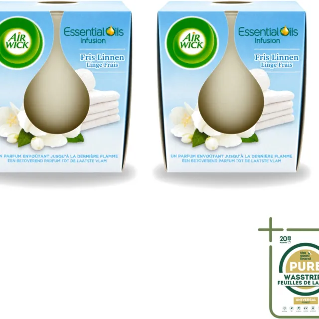 Air Wick 2 x Air Wick – Geurkaars – Fris Linnen met Essentiële Oliën – 105 g - Wasstrips - Geurkaars - Fris Linnen - Essentiële Oliën - Sfeer In Huis - Warme Sfeer Wit