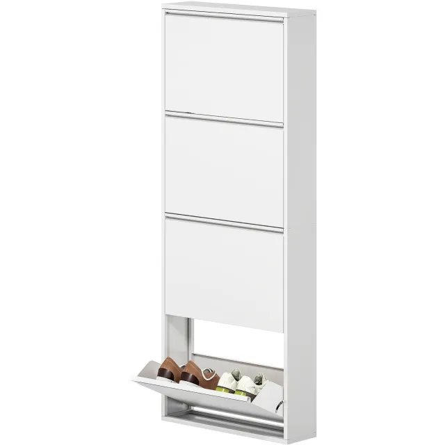 Homona Smalle schoenenkast - Met 4 kantelvakken - Voor 8 paar schoenen - Van metaal - Met ventilatie en bovenplank - 55 x 15 x 139,5 cm - Wit