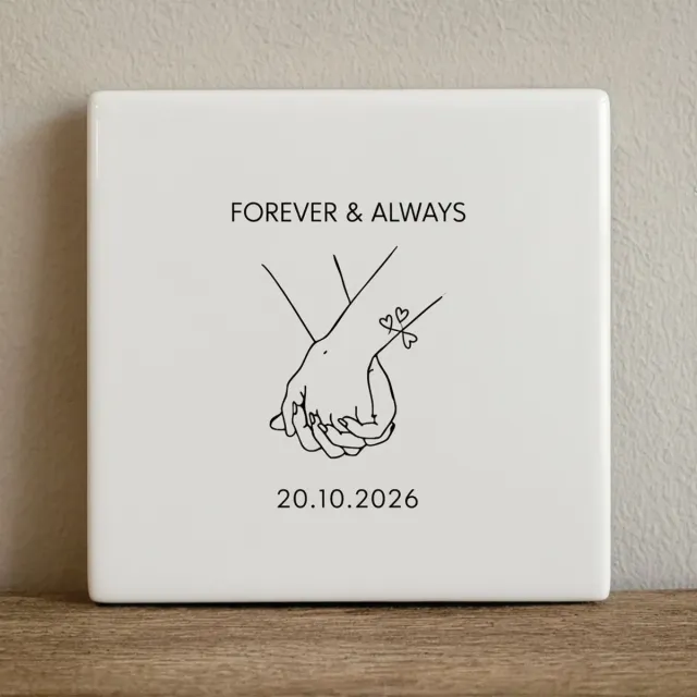 Nevolis Forever & Always Koppel Keramische Tegel 15x15 cm – Minimalistische Liefde Handillustratie met Datum Wanddecoratie Multi Color