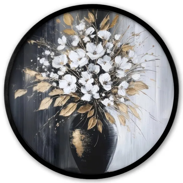 FrameYourWall Poster in lijst Rond - Fotolijst 40x40 cm - Posters - Bloemen - Wit - Vaas - Abstract - Ronde posterlijst zwart - Decoratie - Wanddecoratie woonkamer - Muurdecoratie slaapkamer Bloemen - Vaas - Abstract
