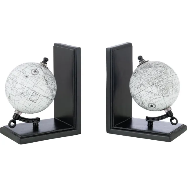 J-Line boekensteun Wereldbol - hout - grijs/zwart - set van 2