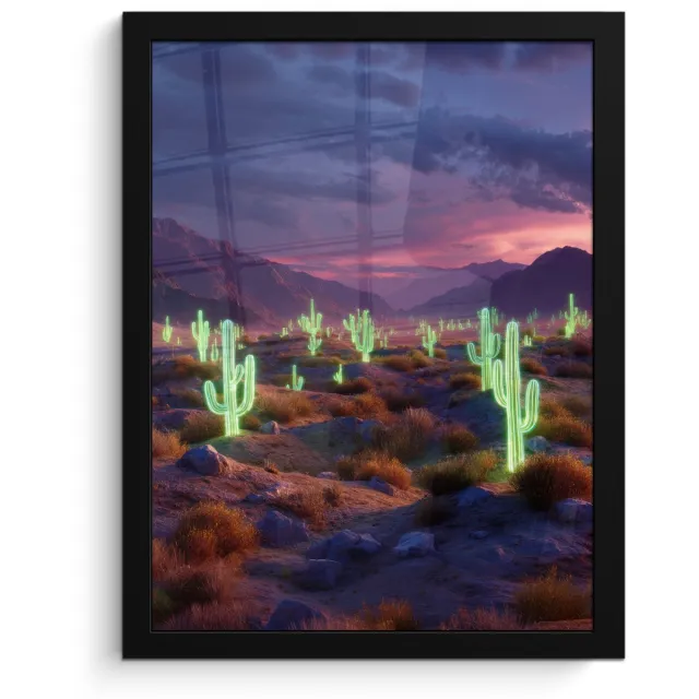 FrameYourWall Poster in lijst - Fotolijst 30x40 cm - Posters - Neon cactussen - Woestijn - Zonsondergang - Posterlijst zwart - Decoratie - Wanddecoratie woonkamer - Muurdecoratie slaapkamer Neon - cactus - Woestijn