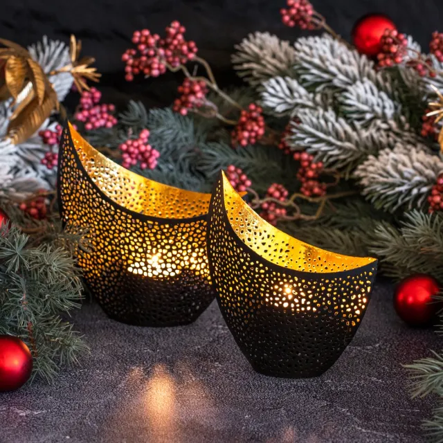 Gadgy Waxinelichthouder Oosters - Theelichthouders Raam of Woonkamer - Set van 2 - Decoratie voor Binnen 16&14.5CM - Kaarsenhouders voor Waxinelichten - Metaal Zwart / Goud - Cadeautje voor Haar