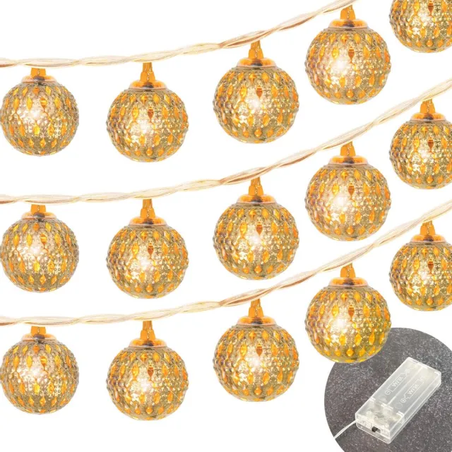 KZQ 1 Stuk Marokkaanse Sfeerverlichting 4.5 meter met 30 LED's - Batterijgevoed en waterdicht - Warm wit voor tuin patio bruiloft en kerst - Goud