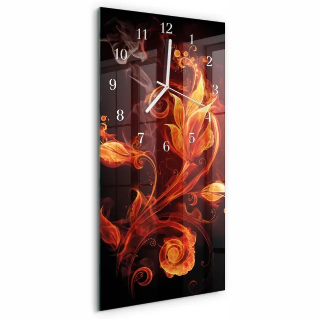 TULUP Wandklok - Vuurbloem Wandklok Glas Met Motief - 30x60 cm - Oranje Decoratieve Glazen Klok - Witte Handen - Rechthoekige Wandklok - Klok Glas Met Opdruk - Moderne Wandklok Glas Oranje - Vuurbloem