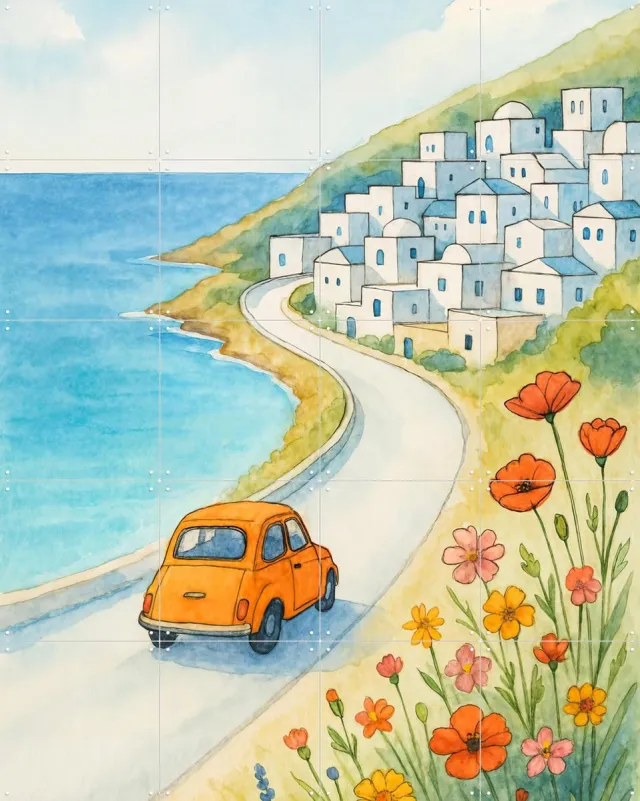 IXXI Zomerse Roadtrip aan Zee, Natalie Bruns - 80 x 100 cm - Grote wanddecoratie en posters - Aquarel, Woonkamer, Strandhuis, Gang, Bloemen, Reizen Oranje / Groen