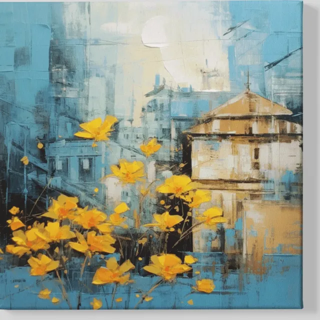 Trendex Global Vierkant Canvas Schilderij - Kunst - Gele Bloemen - 100x100x2 cm Geel