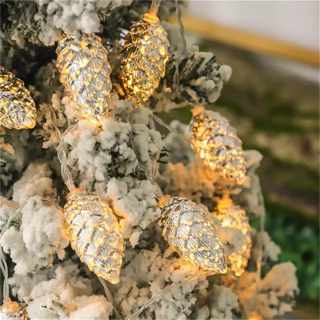 Mrilary Kerst LED-lampjes in de vorm van een dennenappel, 2m 10 LED's koperdraad lichtsnoer, op batterijen, binnen/buiten, warm wit, gouden lichtslingers voor kerstversiering in de tuin