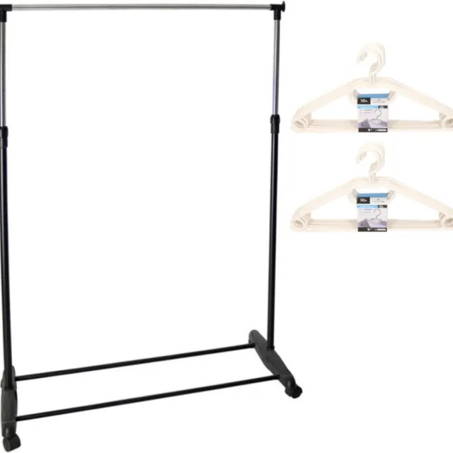 Gerimport Mobiel kledingrek enkele stang 90-160 cm incl. 20 witte kledinghangers Zilver