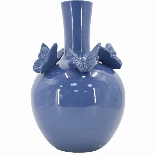 Vazenatelier Mooie blauwe bolvaas van keramiek met vlinders