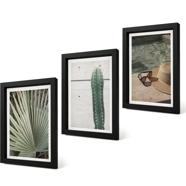 Coloray 4-Delige Schilderij Set - Tropische planten en vakantieaccessoires aan het water - 20 x 30 cm - Muurdecoratie - Interieur Decoratie - Woonkamer Decoratie Zwarte lijst