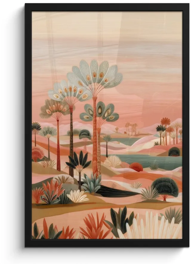 FrameYourWall Poster in lijst - Fotolijst 40x60 cm - Posters - Roze landschap - Palmen - Water - Posterlijst zwart - Decoratie - Wanddecoratie woonkamer - Muurdecoratie slaapkamer