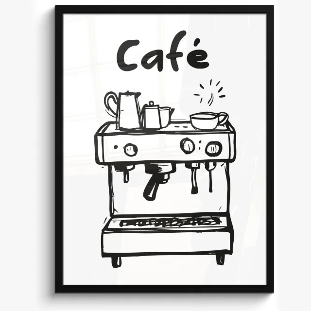 FrameYourWall Fotolijst inclusief poster - Posterlijst 50x70 cm - Posters - Illustratie - Café - Koffiemachine - Kopjes - Foto in lijst - Keuken decoratie muur - Wanddecoratie accessoires - Muurdecoratie - Schilderijen