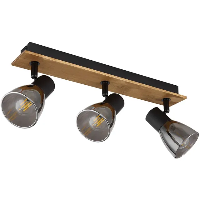 Globo Plafondlamp 3 vlammen zwart hout slaapkamer, 3 draaibare spots, metaalglas, zwarte rook, 3x E14 stopcontacten, LxBxH 40x7x15,5 cm Bruin