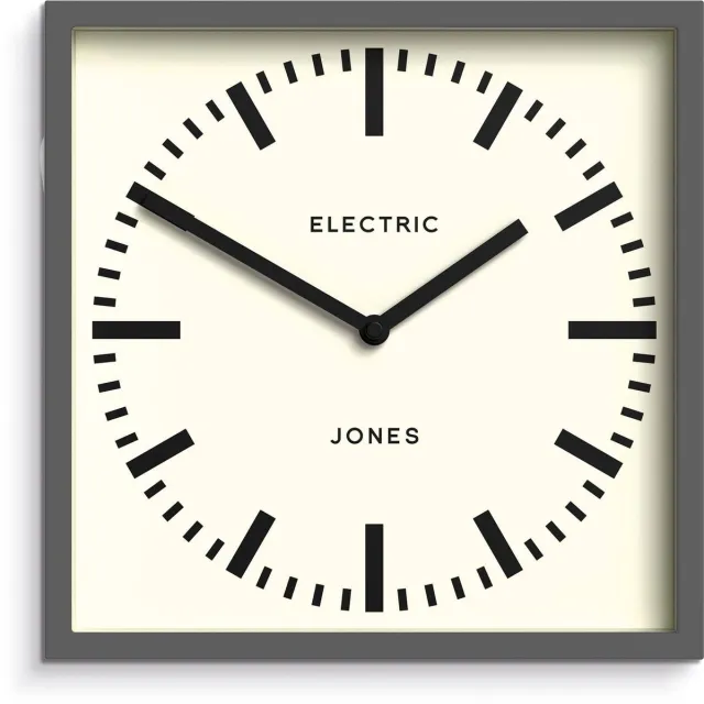 Jones Clocks Box Railway Wandklok | Vierkante stationsklok | 25 cm | Donkergrijs | Coole designlook voor de keuken, woonkamer of kantoor