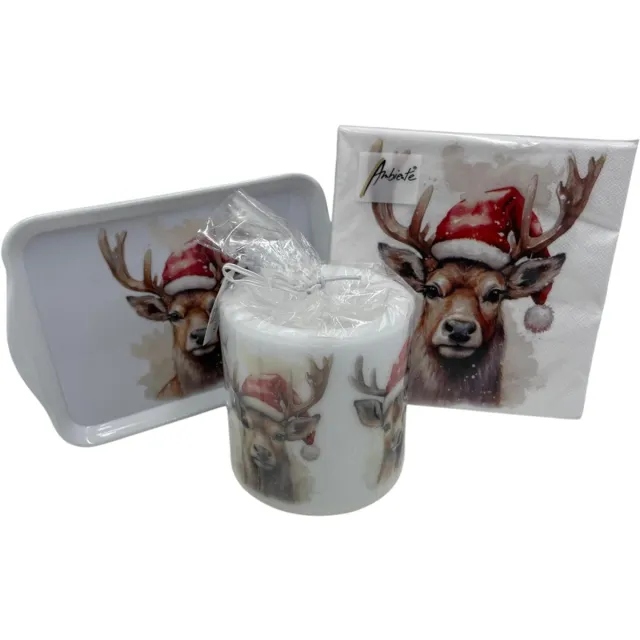 Ambiente Set: Kaars - 20 servetten - dienblad Deer with Santa hat | 514547 | Ambiente Multi