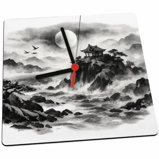 Mr Cadeautjes Klok 19 x 19 - design Nachtelijk kustpanorama met rotsen, maan, golven en een klei | cadeau Wit
