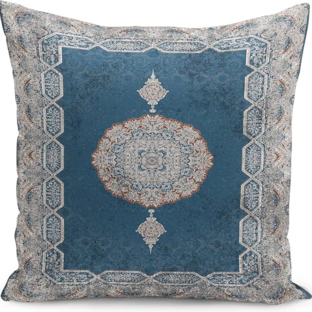 Kwube Kussenhoes Voor Sierkussens 45x45 cm | Kussenhoes Met Blauwe Authentiek Kelimmotief | Kussensloop | Kussensloop Gooien | Decoratieve Kussenhoesjes | Decoratief Gooi Kussen | Met rits | Zonder Binnenkussen Kussenhoes | Voor Sierkussen