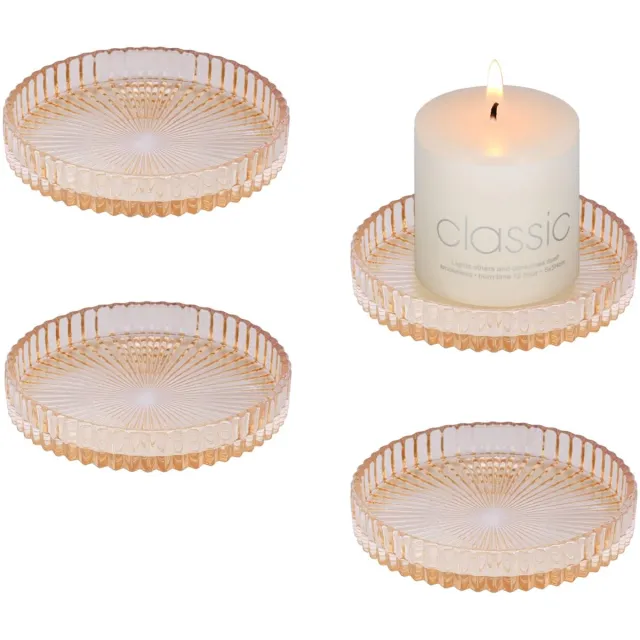 Famanu Set van 4 glazen kaarsenplaten voor stompkaarsen van 9 cm, ronde pilaar kaarsenhouders, transparante kaarsenschaal voor feestdecoratie en geschenken (Amber