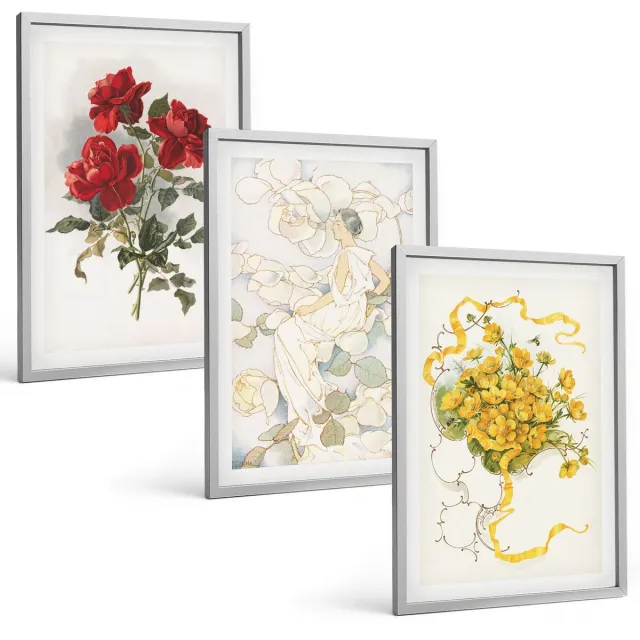 TULUP 4-Delige Schilderij Set - Rode rozen in een witte vaas met gele bloemen. - 40 x 60 cm - Stijlvolle Wanddecoratie - Interieur - Moderne Wanddecoratie Zilveren lijst