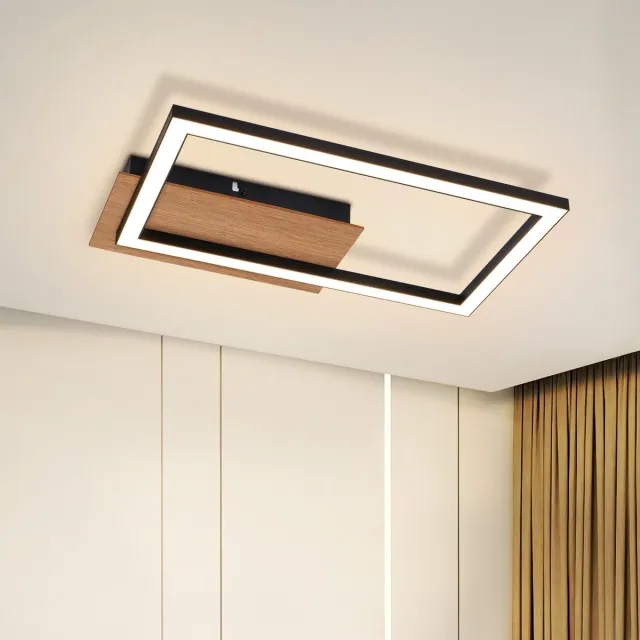NETTLIFE Plafondlamp LED - Hout - rechthoekig - 3000K Warm wit Licht - modern Woonkamerlamp - voor Slaapkamer | Keuken | Gang - 12W Zwart