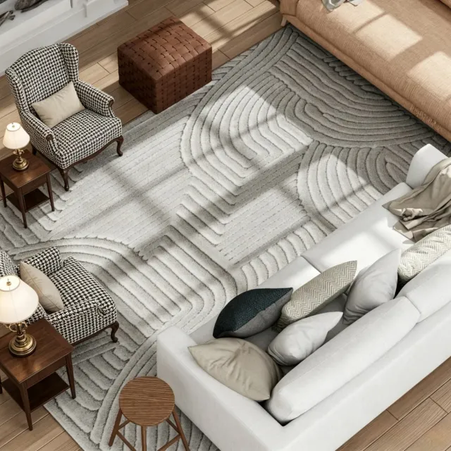 HAUSS SPOLE Vloerkleed Hoogpolig – 160 x 120 cm – Polyester en Katoen – Grijs – Geometrisch Reliëf voor de Woonkamer – Antislip Onderzijde