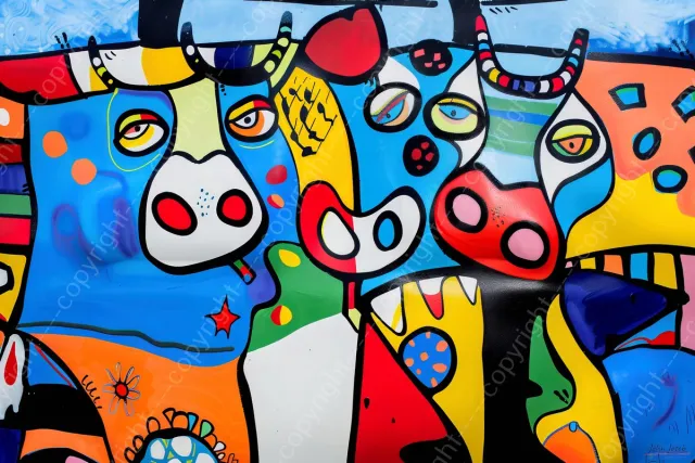 John Joseb Art (Aluminium) 60x40 | Koeien, kleurrijk, abstract, Herman Brood stijl, kunst | dier, koe, stier, rood, groen, geel, blauw, woonkamer, modern | foto-schilderij op dibond, metaal wanddecoratie Aluminium, dikte 3 mm