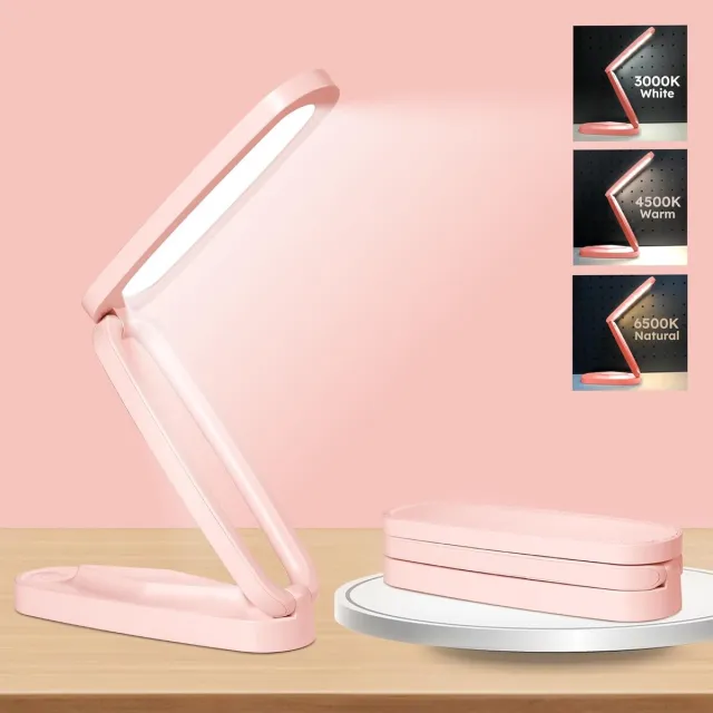 ZVD Roze oplaadbare bureaulamp – Compacte, draadloze LED-leeslamp op batterijen voor kantoor en thuis; opvouwbaar en draagbaar, dimbaar met 3 kleurtemperaturen en instelbare helderheid.
