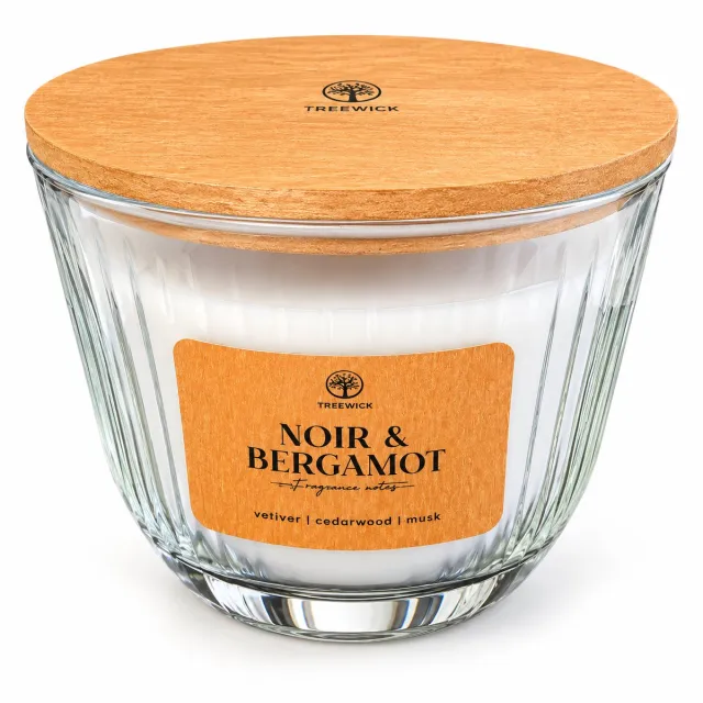 TreeWick geurkaars, Noir en Bergamot, Geurkaars, knetter, Kaars in glas, Kaars grijs